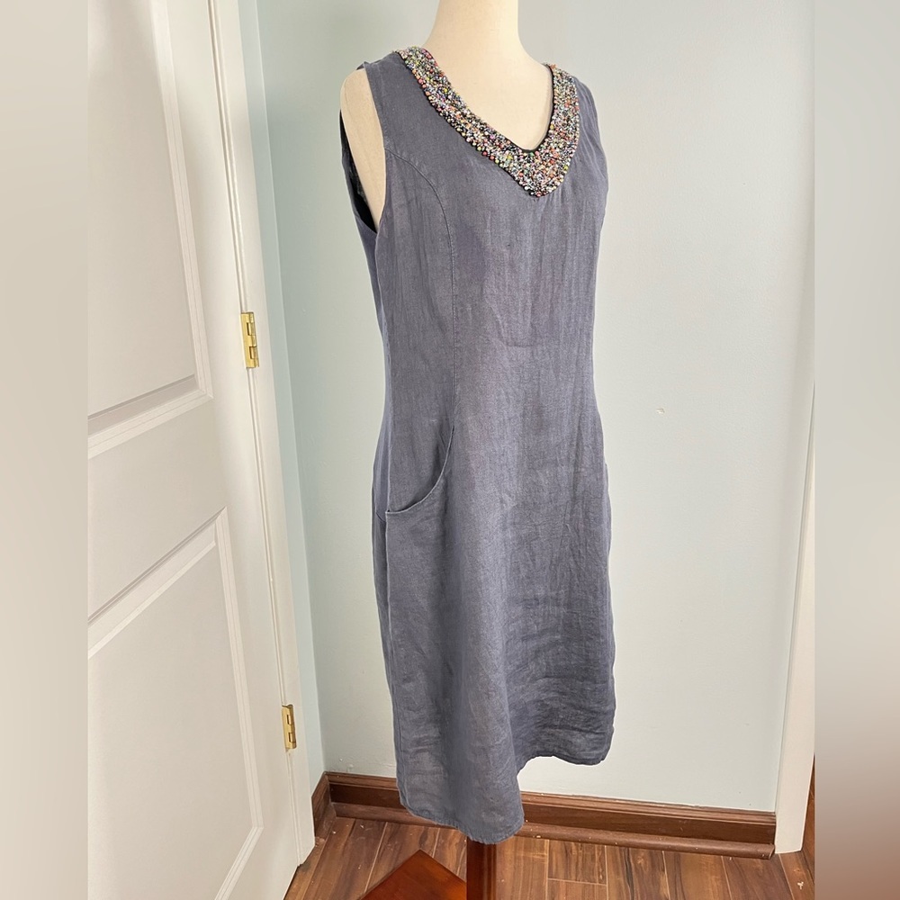Lina Tomei 100% linen beaded neckline shirt dress size S - Picture 8 of 15